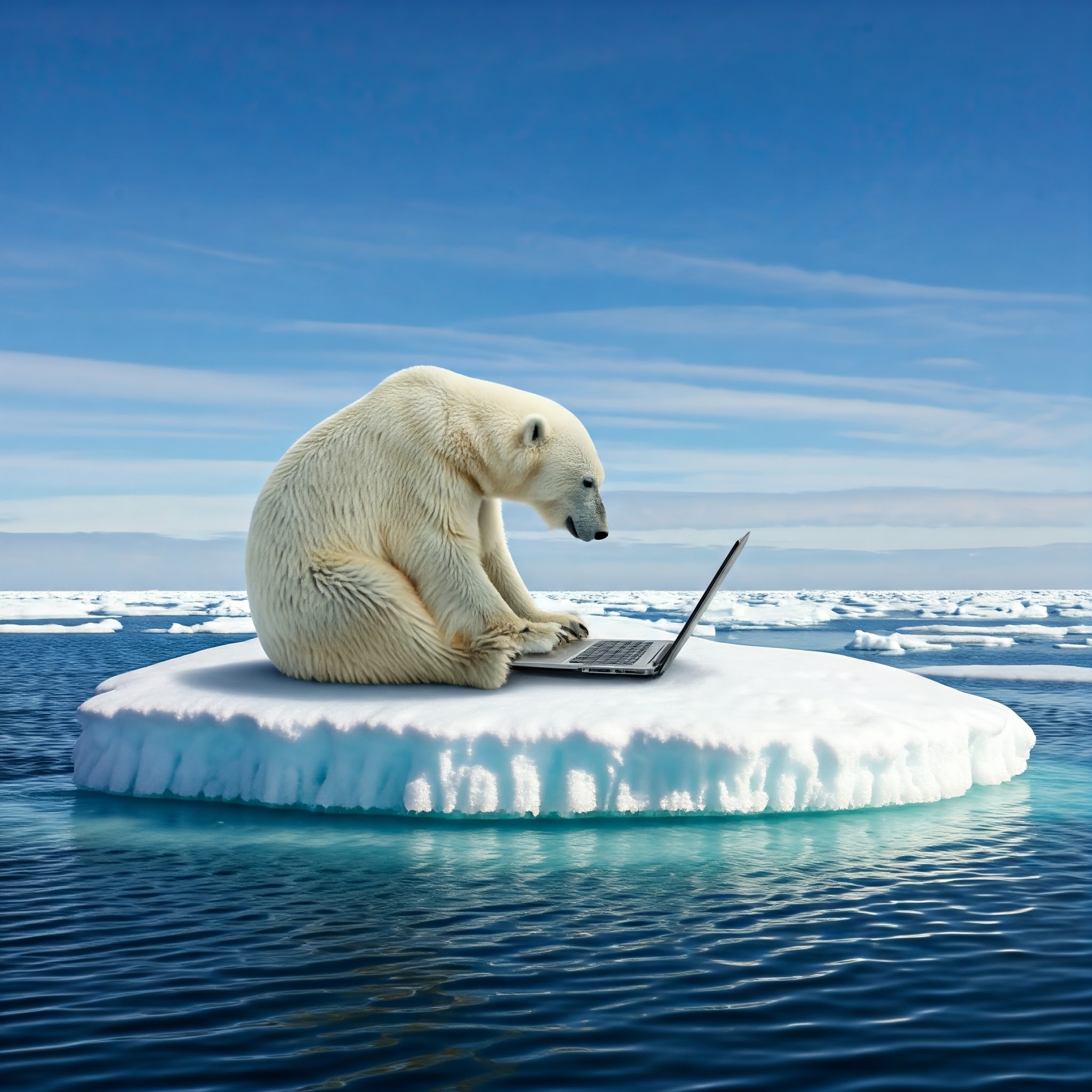 A polar bear using an ARM64 laptop